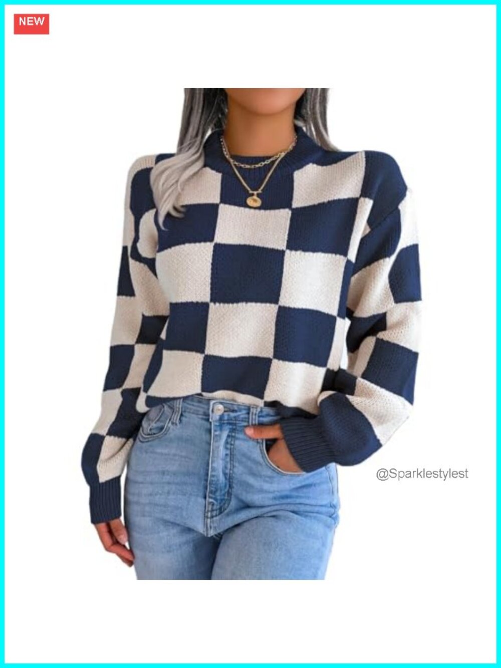 Color Block Checkered Crew Neck Long Sleeve Plaid Knitted Pullover Sweater